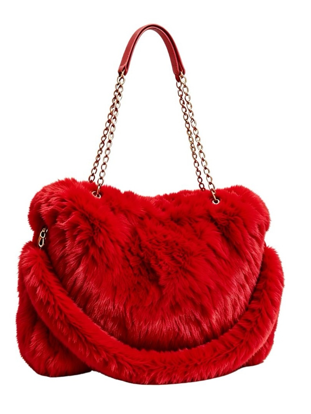 Plush Red Faux Fur Shoulder Bag with Chain Strap